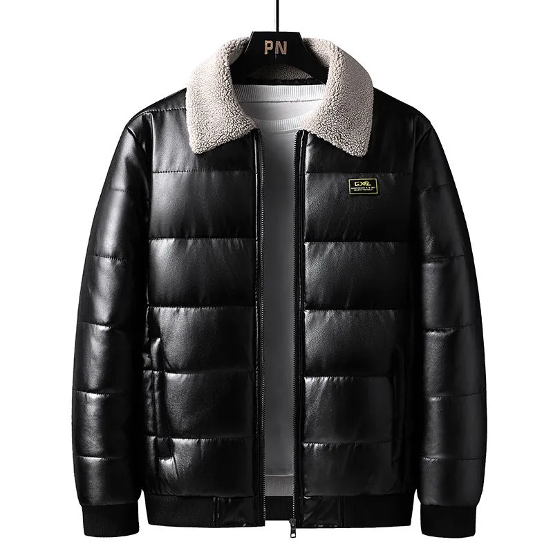 Men's thickened PU leather winter jacket with lapel collar in light blue and black, sizes M to 5XL