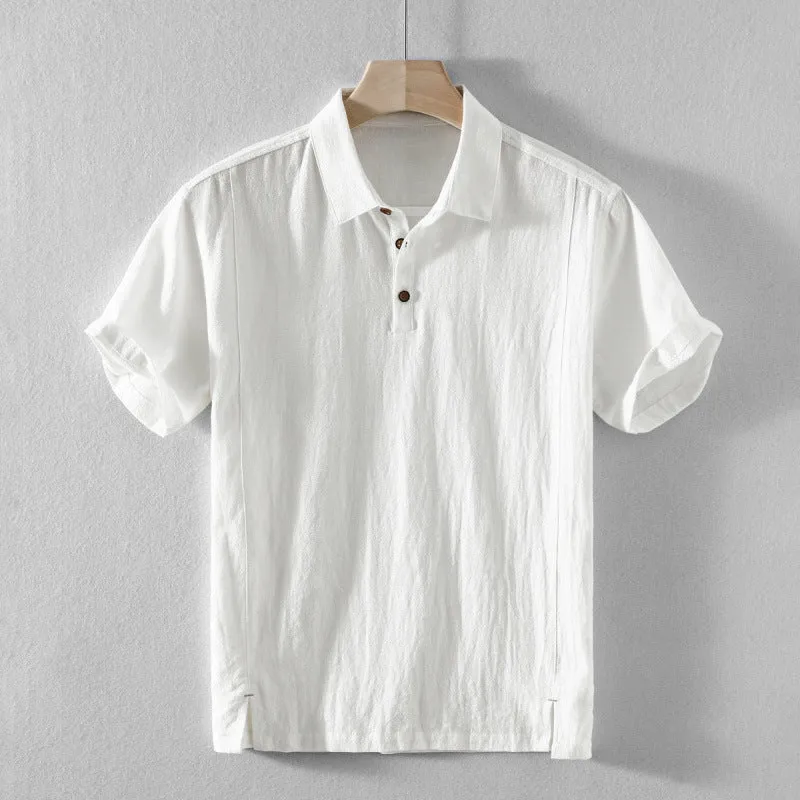 Men's loose fit cotton and linen casual shirt in a solid colour, shown in light grey.