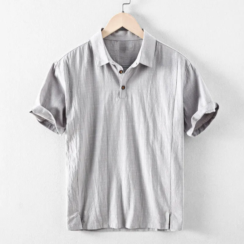 Men's loose fit cotton and linen casual shirt in a solid colour, shown in light grey.