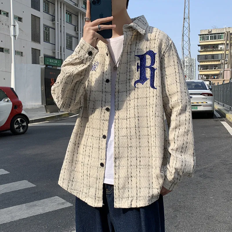 Spring embroidered letter plaid tide jacket for men and women in black, long sleeve polyester blend