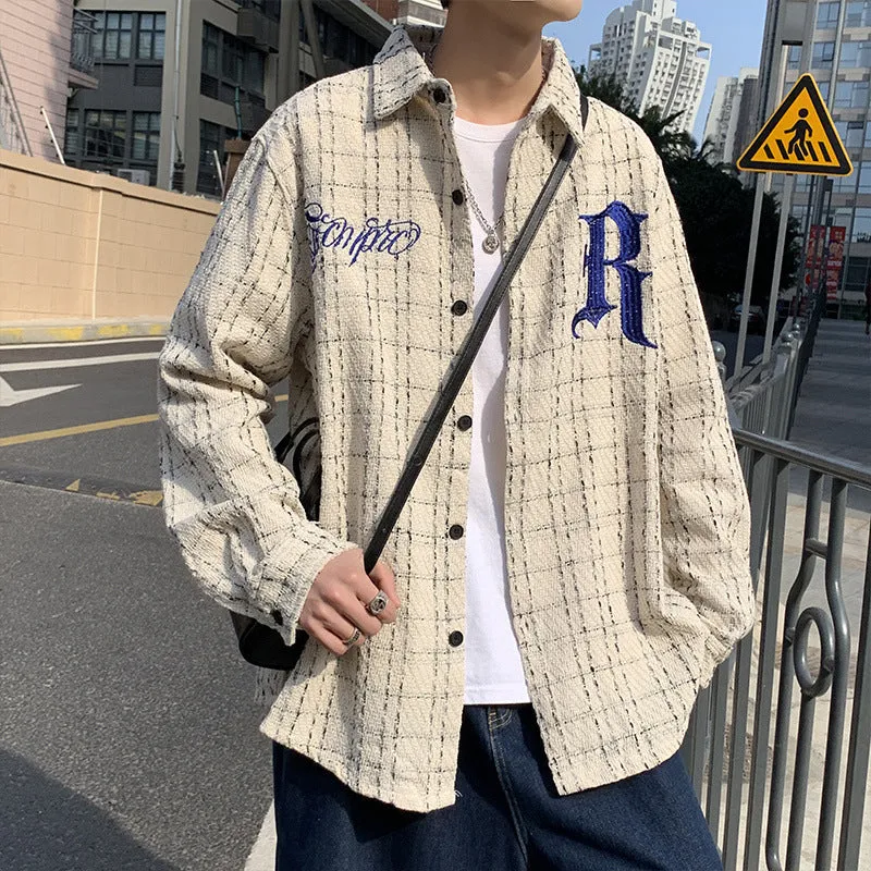 Spring embroidered letter plaid tide jacket for men and women in black, long sleeve polyester blend