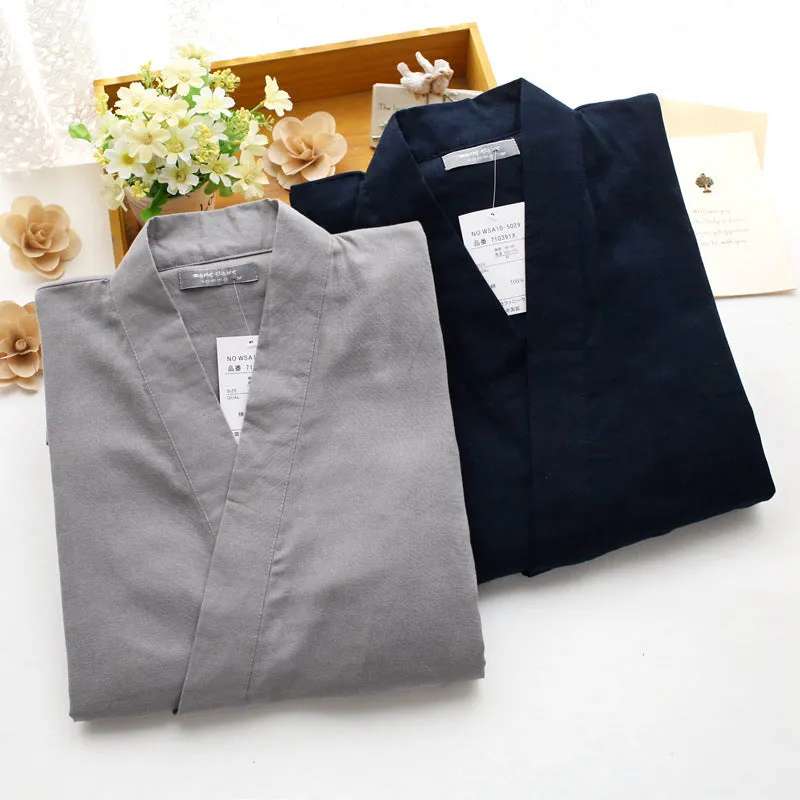 Men's black cotton double gauze kimono pajamas with loose fit and 3/4 sleeves on a model