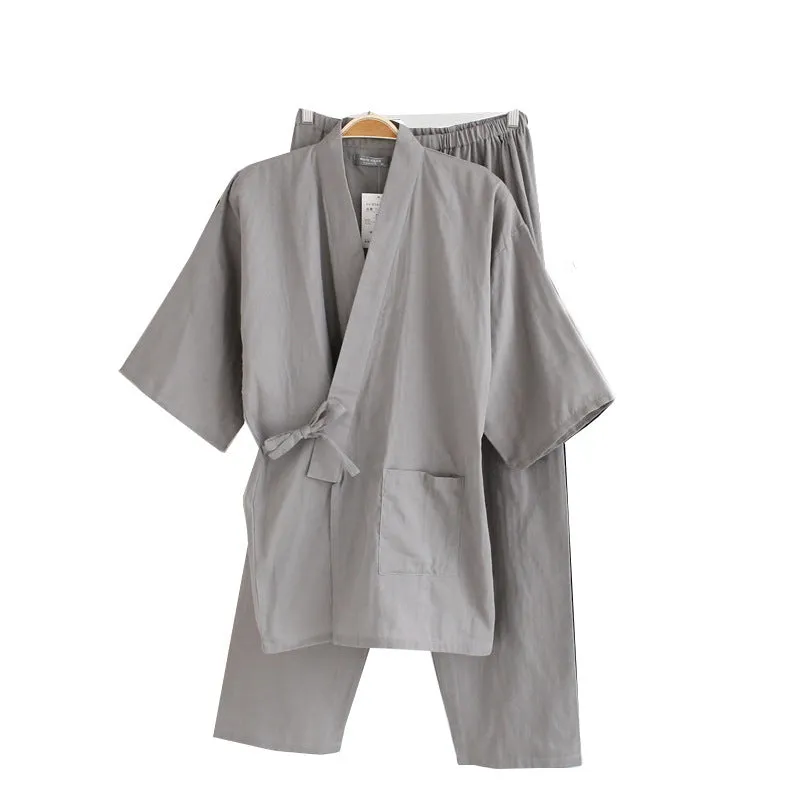 Men's black cotton double gauze kimono pajamas with loose fit and 3/4 sleeves on a model