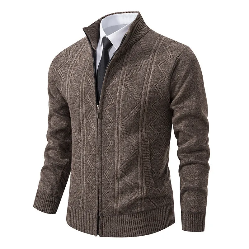 Men's casual loose cardigan sweater knitted jacket in red, thickened polyester fibre blend, front view