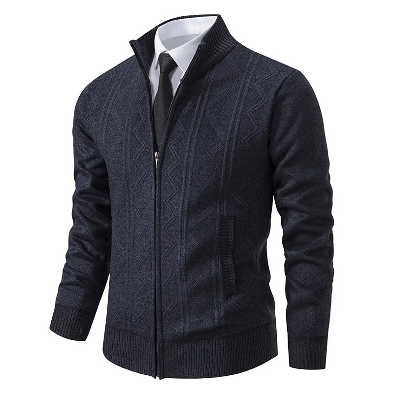 Men's casual loose cardigan sweater knitted jacket in red, thickened polyester fibre blend, front view