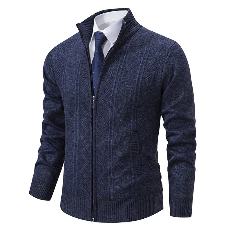 Men's casual loose cardigan sweater knitted jacket in red, thickened polyester fibre blend, front view