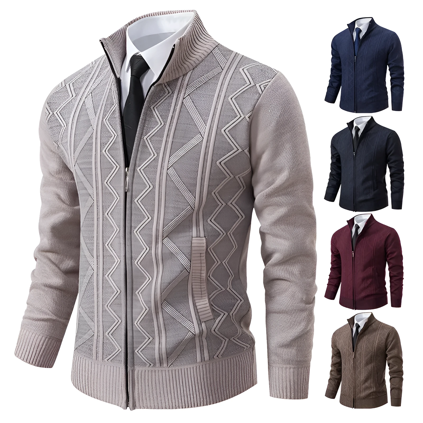 Men's casual loose cardigan sweater knitted jacket in red, thickened polyester fibre blend, front view