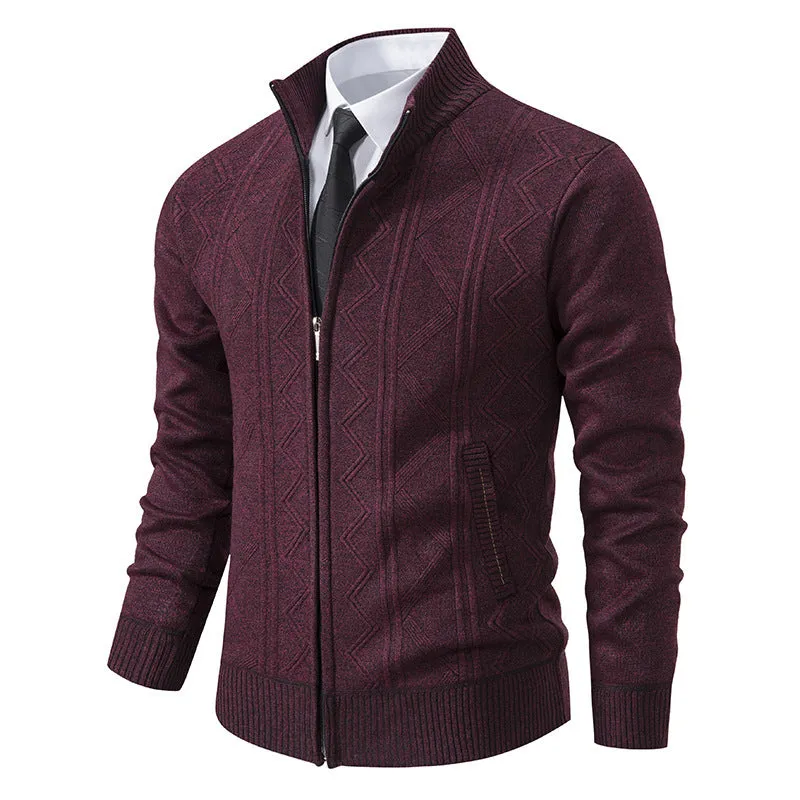 Men's casual loose cardigan sweater knitted jacket in red, thickened polyester fibre blend, front view
