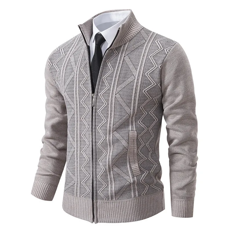 Men's casual loose cardigan sweater knitted jacket in red, thickened polyester fibre blend, front view