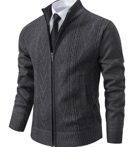 Men's casual loose cardigan sweater knitted jacket in red, thickened polyester fibre blend, front view