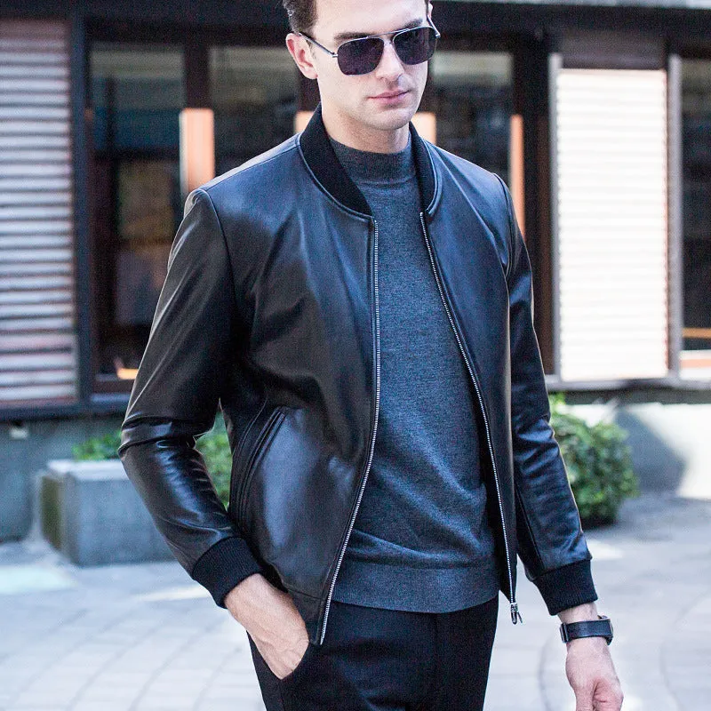 Men's black sheepskin leather baseball collar jacket with full sleeves and front zip closure