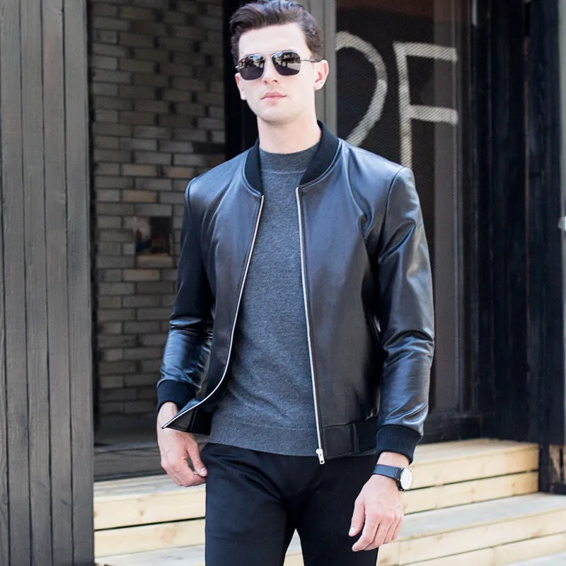 Men's black sheepskin leather baseball collar jacket with full sleeves and front zip closure