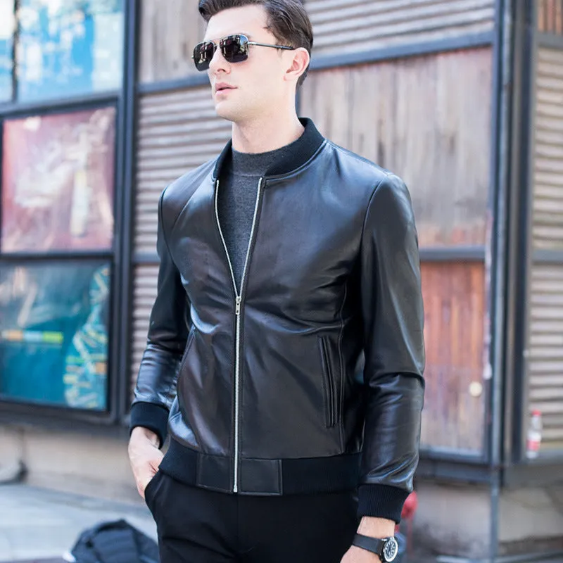 Men's black sheepskin leather baseball collar jacket with full sleeves and front zip closure