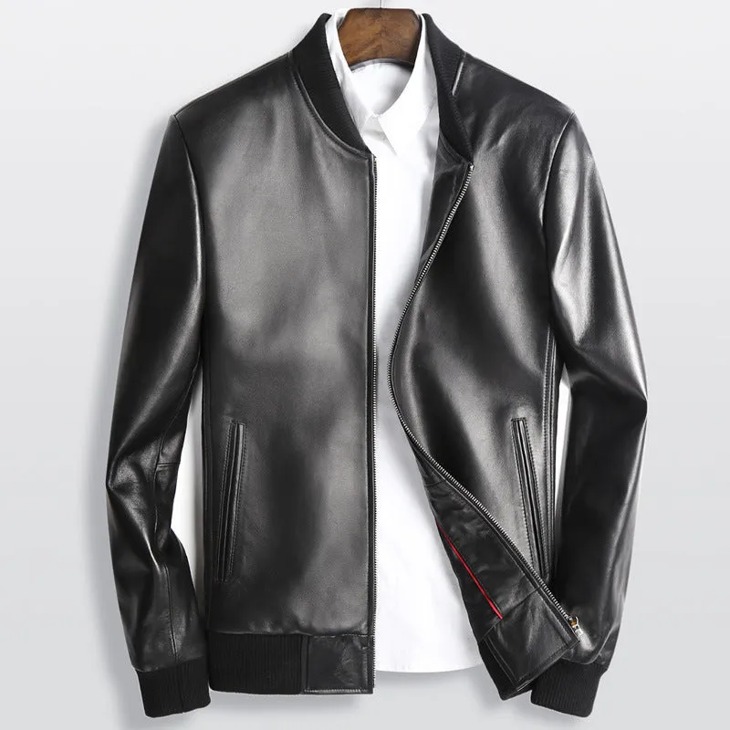 Men's black sheepskin leather baseball collar jacket with full sleeves and front zip closure