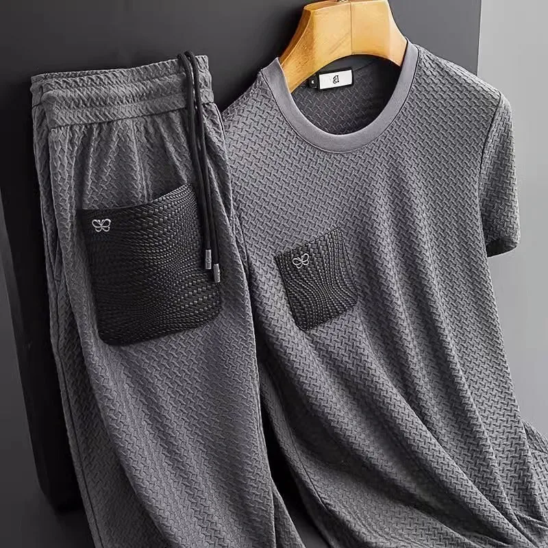 Men's anti-wrinkle houndstooth jacquard slim-fit short sleeve suit set in gray suit colour