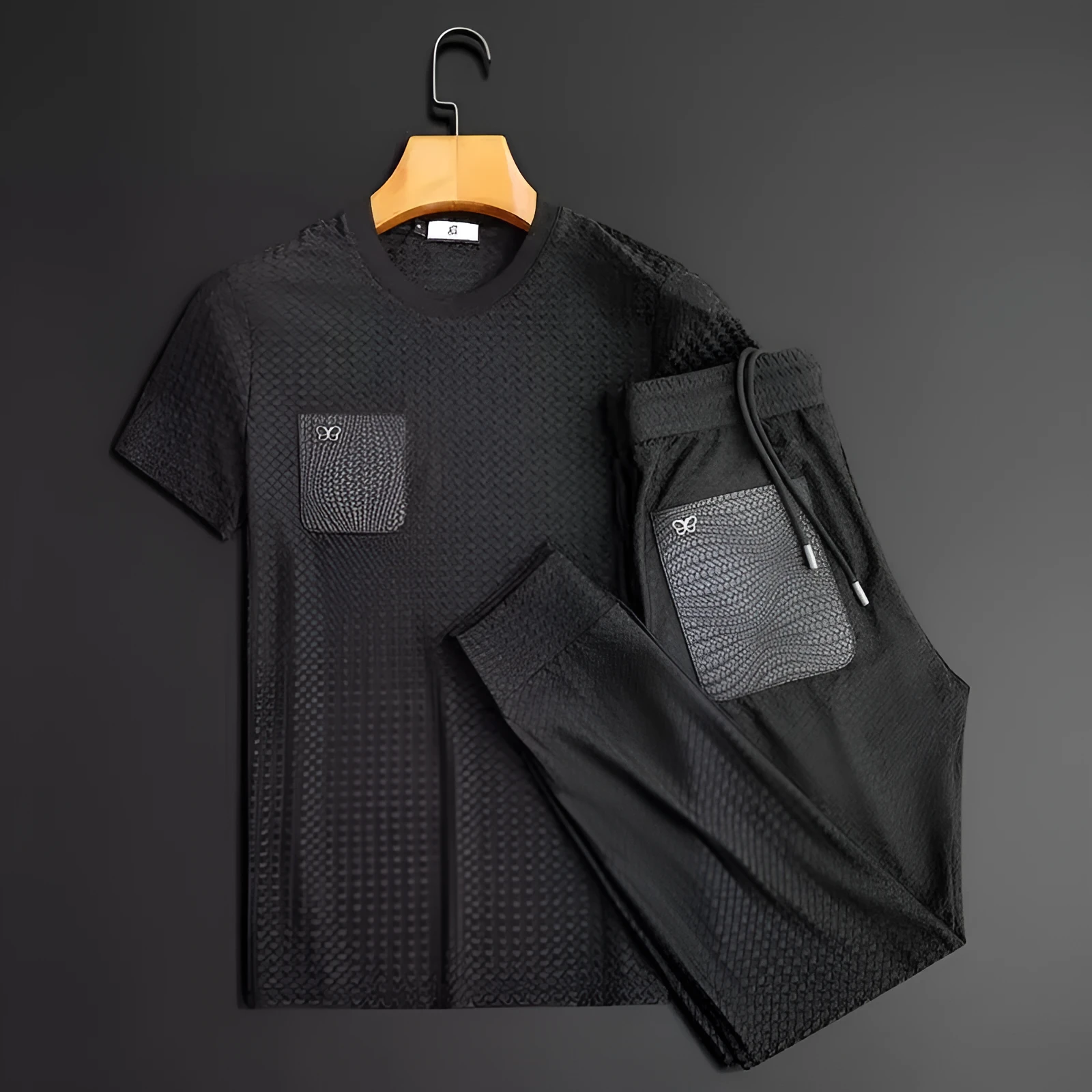 Men's anti-wrinkle houndstooth jacquard slim-fit short sleeve suit set in gray suit colour