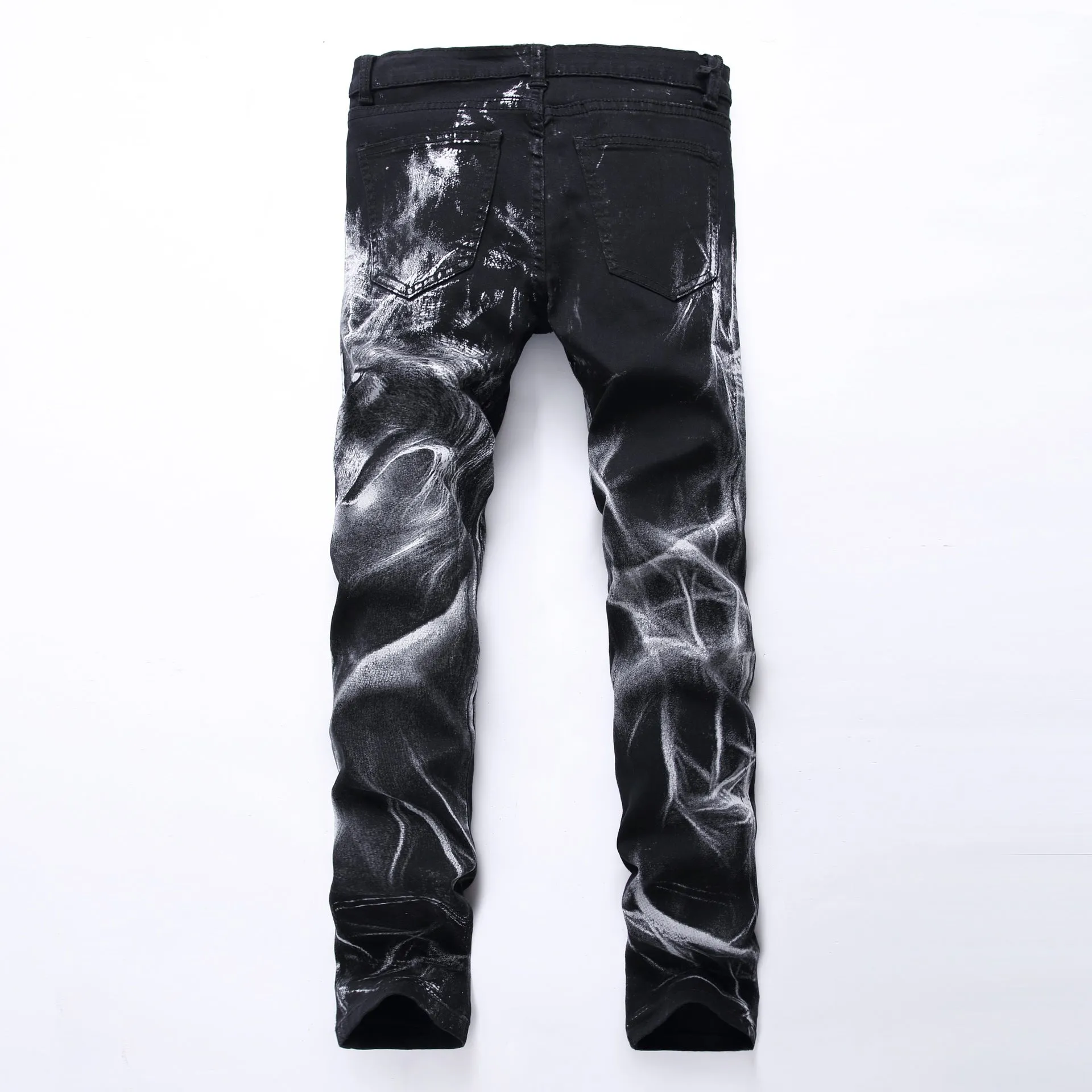 Men's black wolf print jeans with realistic wolf head design on cotton denim fabric