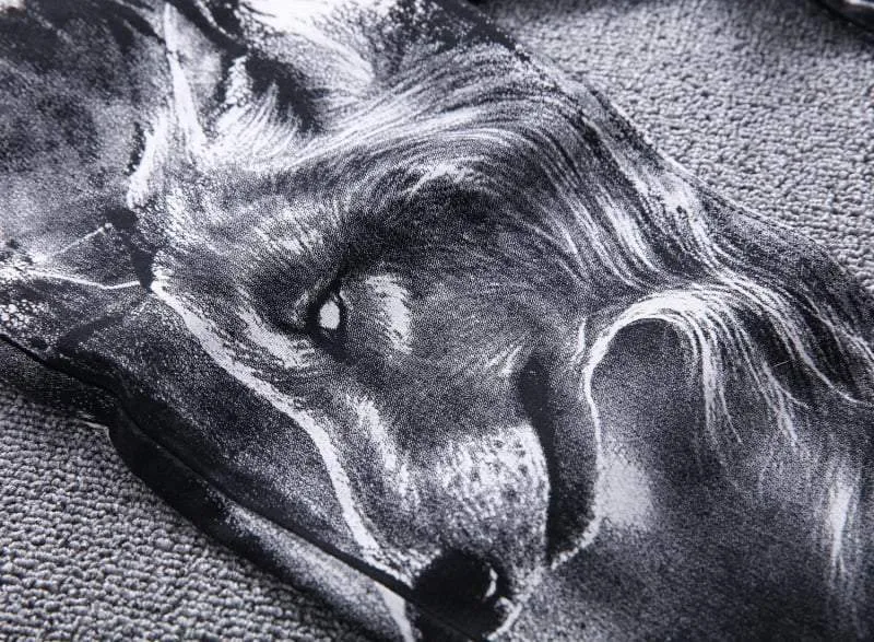 Men's black wolf print jeans with realistic wolf head design on cotton denim fabric