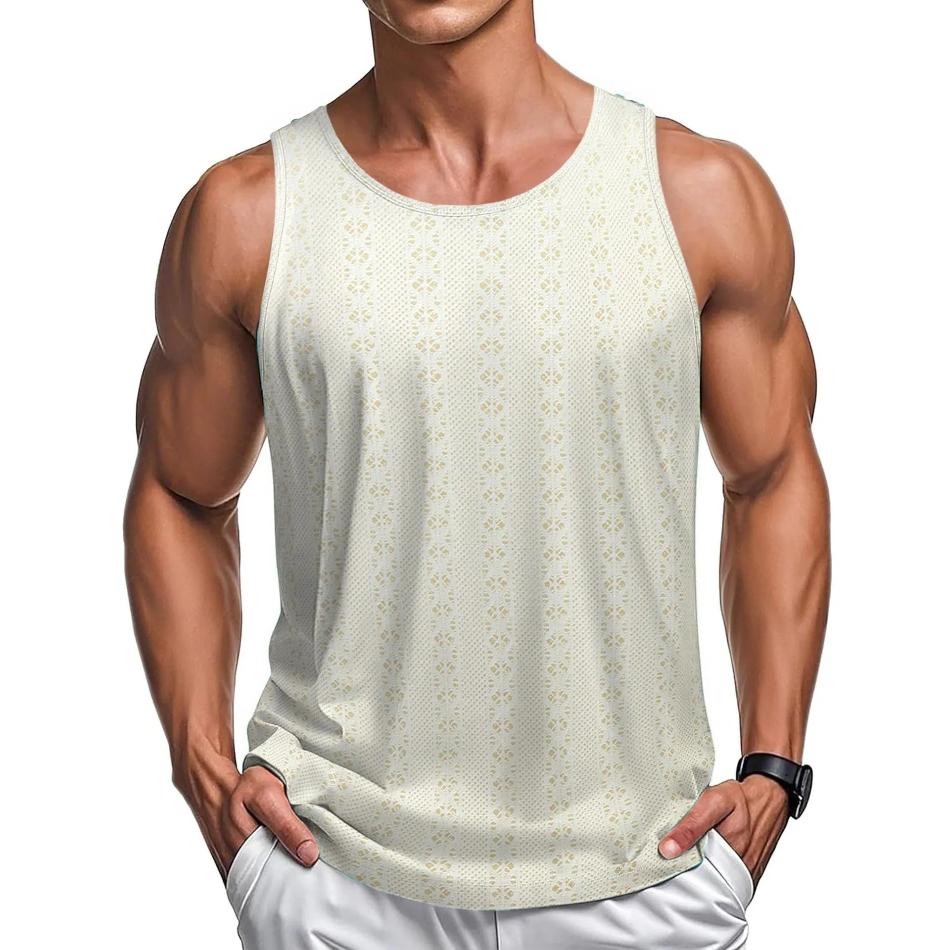 Round neck loose vest in solid colour polyester fibre, available in khaki, white, and black, sizes M to 3XL