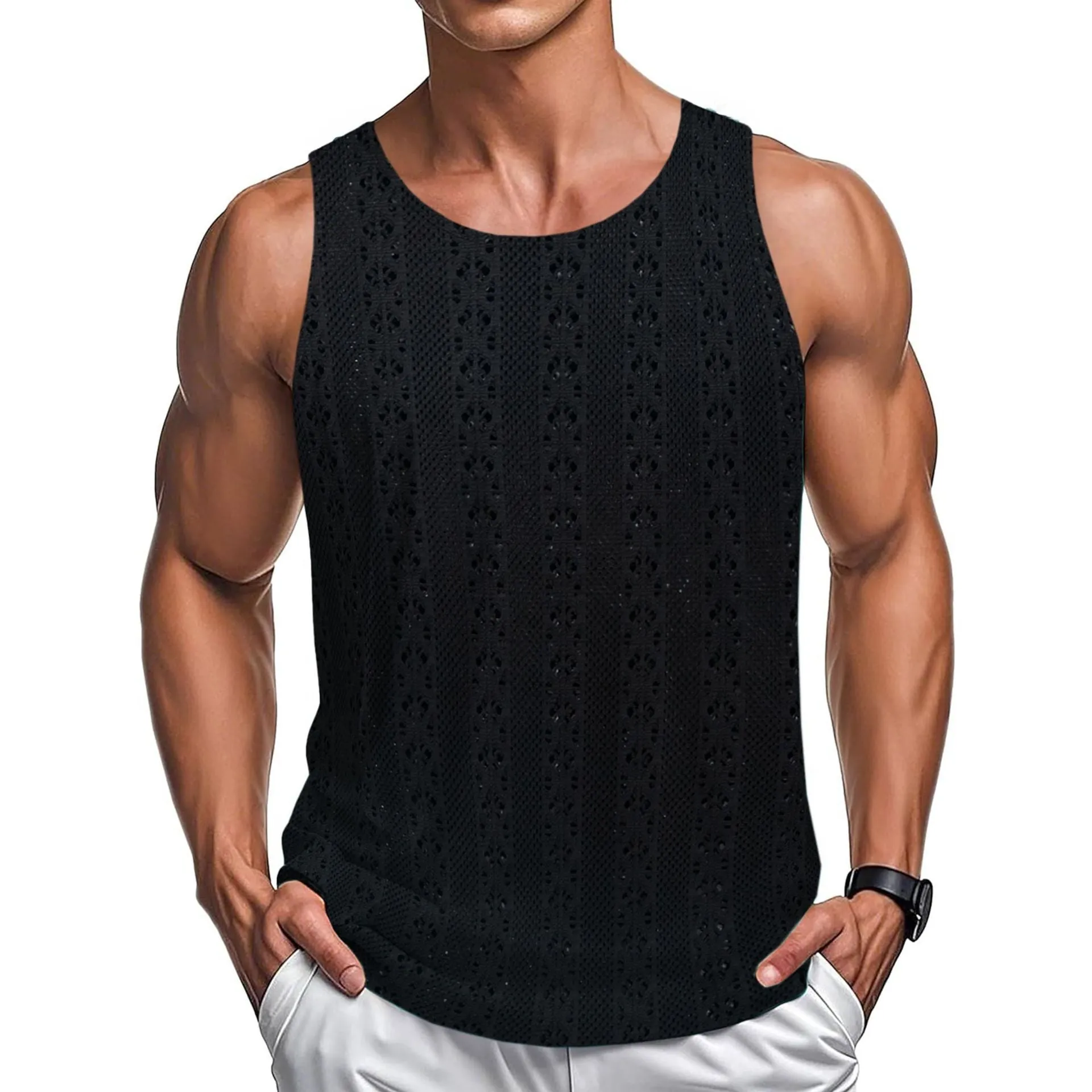 Round neck loose vest in solid colour polyester fibre, available in khaki, white, and black, sizes M to 3XL