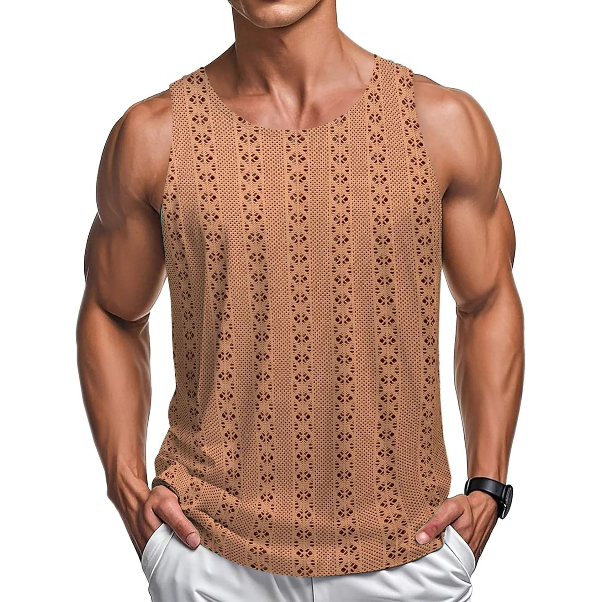 Round neck loose vest in solid colour polyester fibre, available in khaki, white, and black, sizes M to 3XL