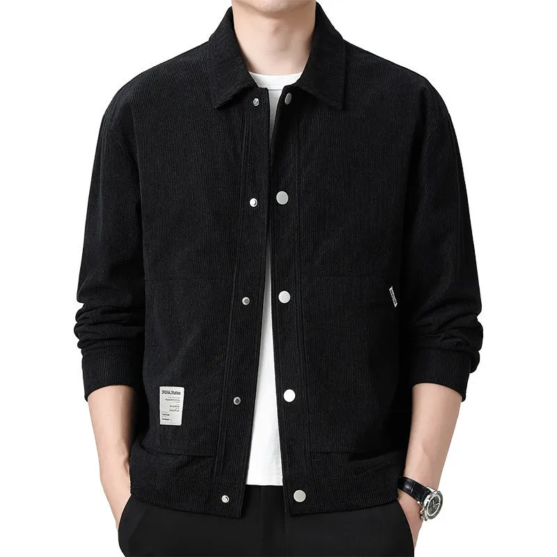 Slim fit men's corduroy jacket in solid colour with top stitching pockets, polyester blend fabric