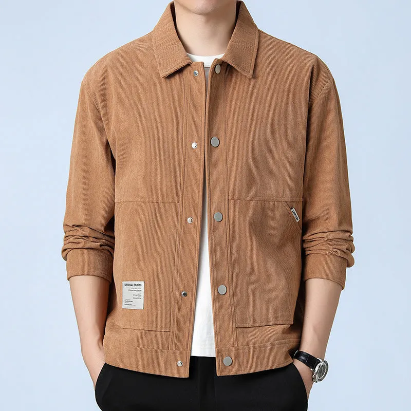 Slim fit men's corduroy jacket in solid colour with top stitching pockets, polyester blend fabric