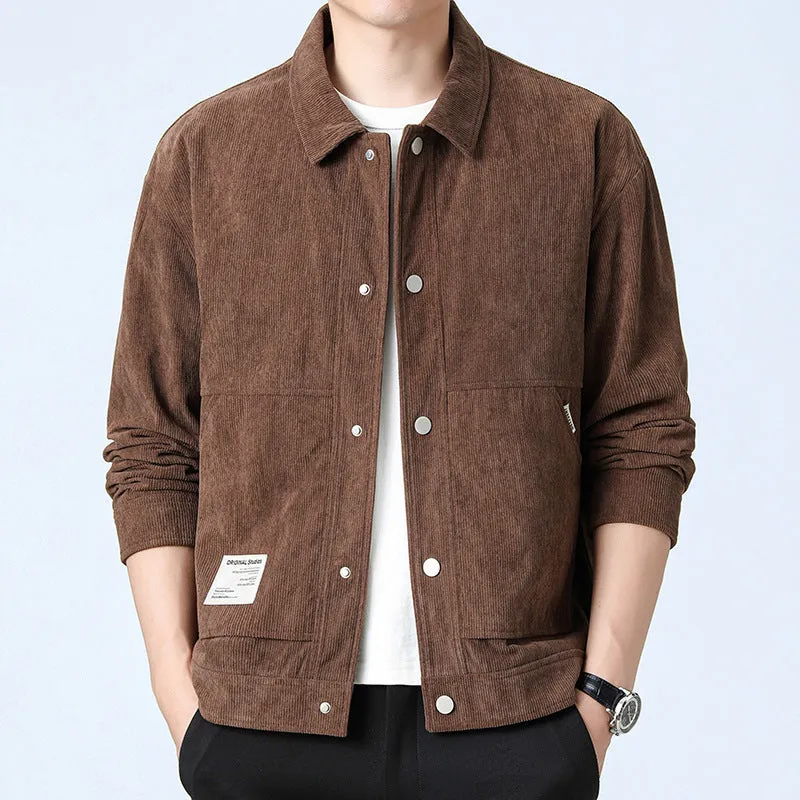 Slim fit men's corduroy jacket in solid colour with top stitching pockets, polyester blend fabric