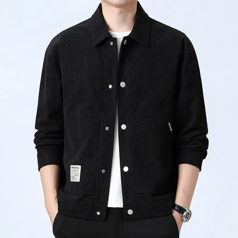 Slim fit men's corduroy jacket in solid colour with top stitching pockets, polyester blend fabric