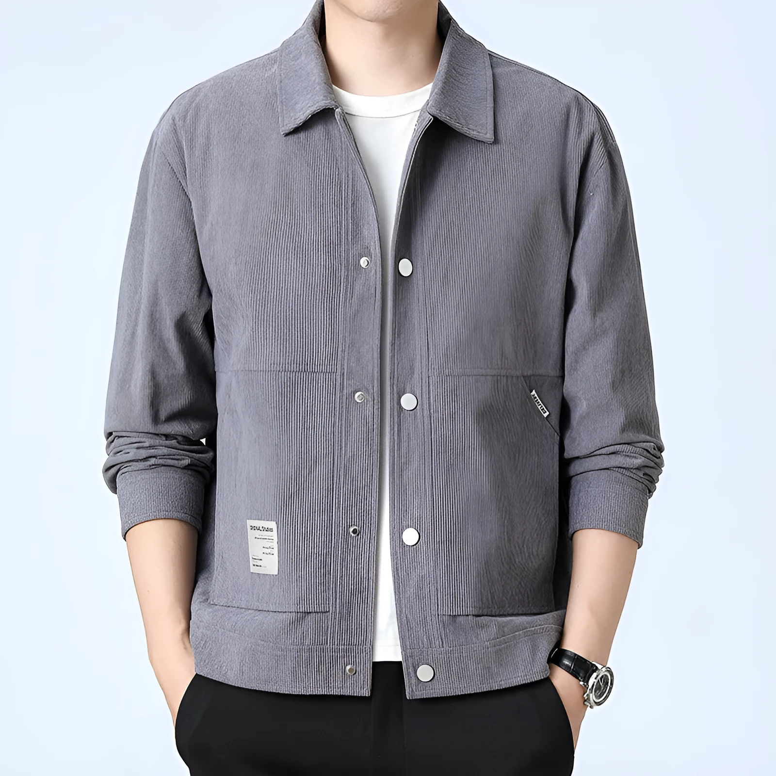 Slim fit men's corduroy jacket in solid colour with top stitching pockets, polyester blend fabric