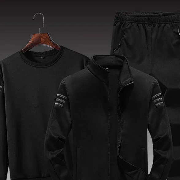 Men's three-piece leisure sports suit in gray, black, and dark blue polyester with top, jacket, and trousers, sizes M to XXXXL