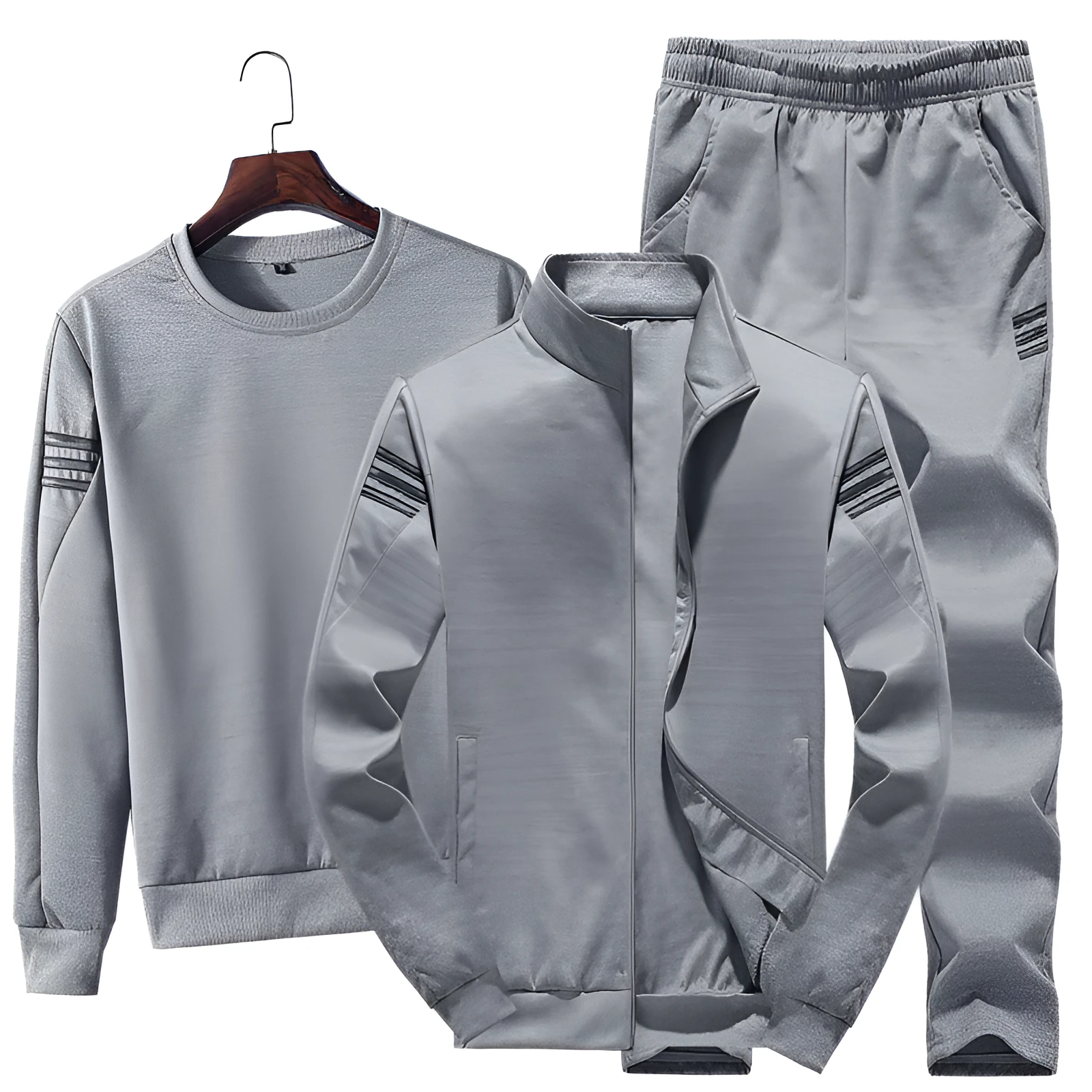 Men's three-piece leisure sports suit in gray, black, and dark blue polyester with top, jacket, and trousers, sizes M to XXXXL