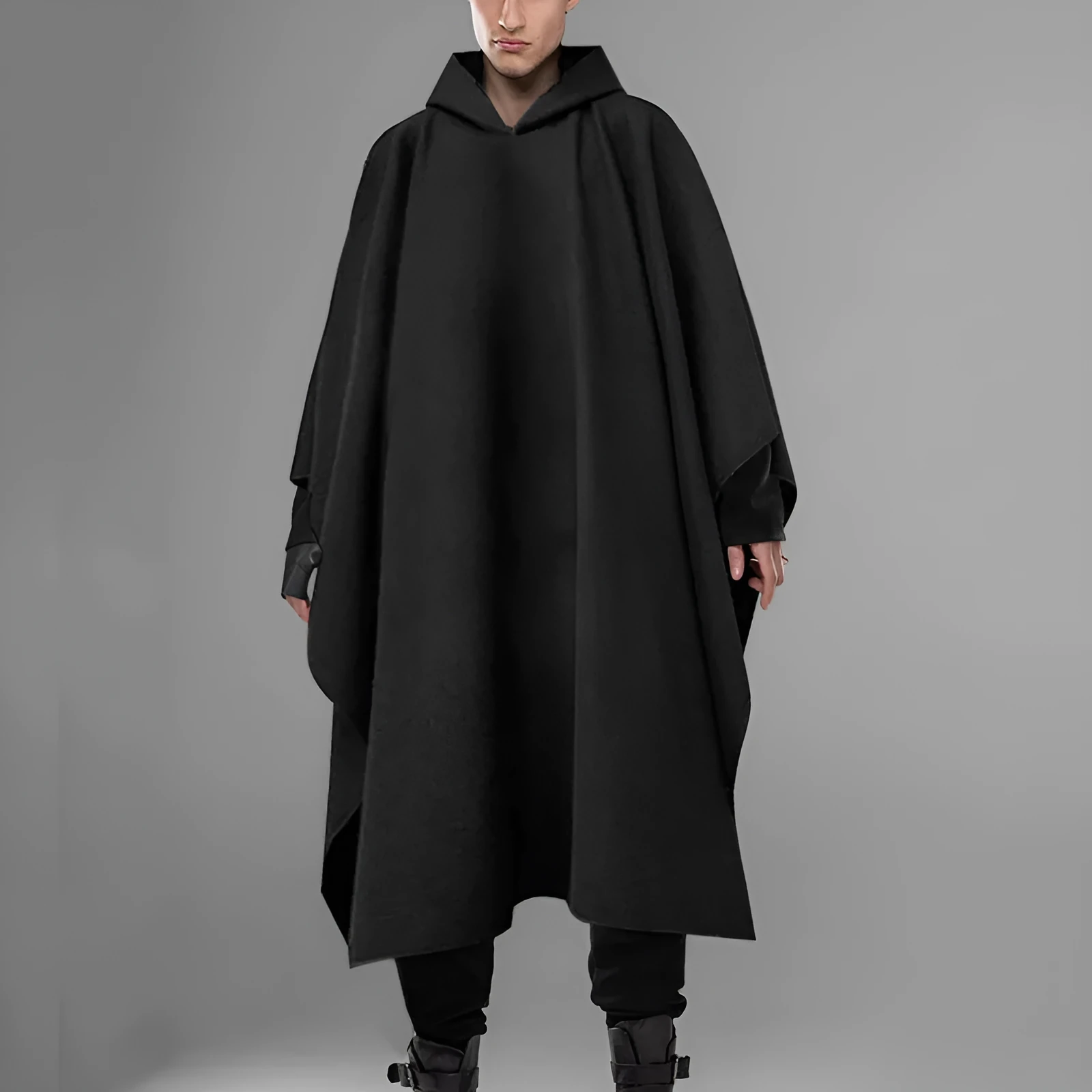 Men's solid black hooded cloak coat with loose streetwear punk fit, front view