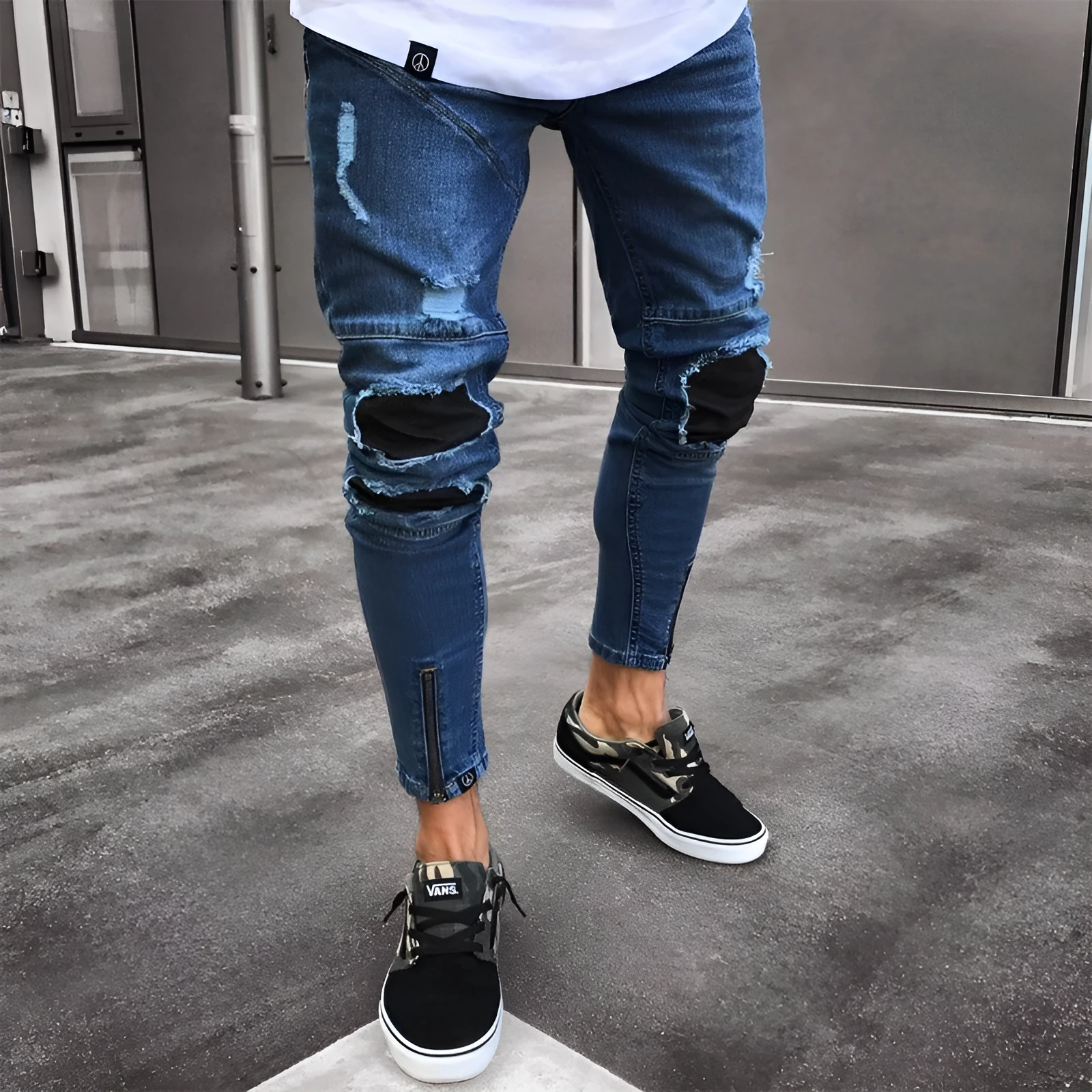 Zerok Patched Jeans, contrast patches on cotton denim trousers, men's sizing S to 4XL
