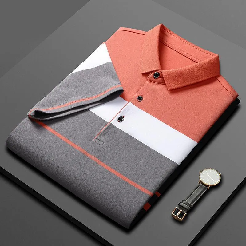 Men's combed cotton striped stitching polo shirt light business style in medium apricot regular fit