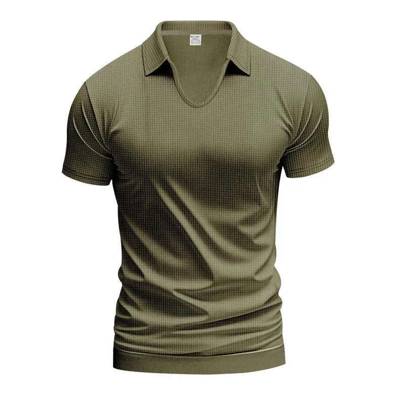 Men's loose fit solid colour V-neck short sleeve t-shirt on a hanger.