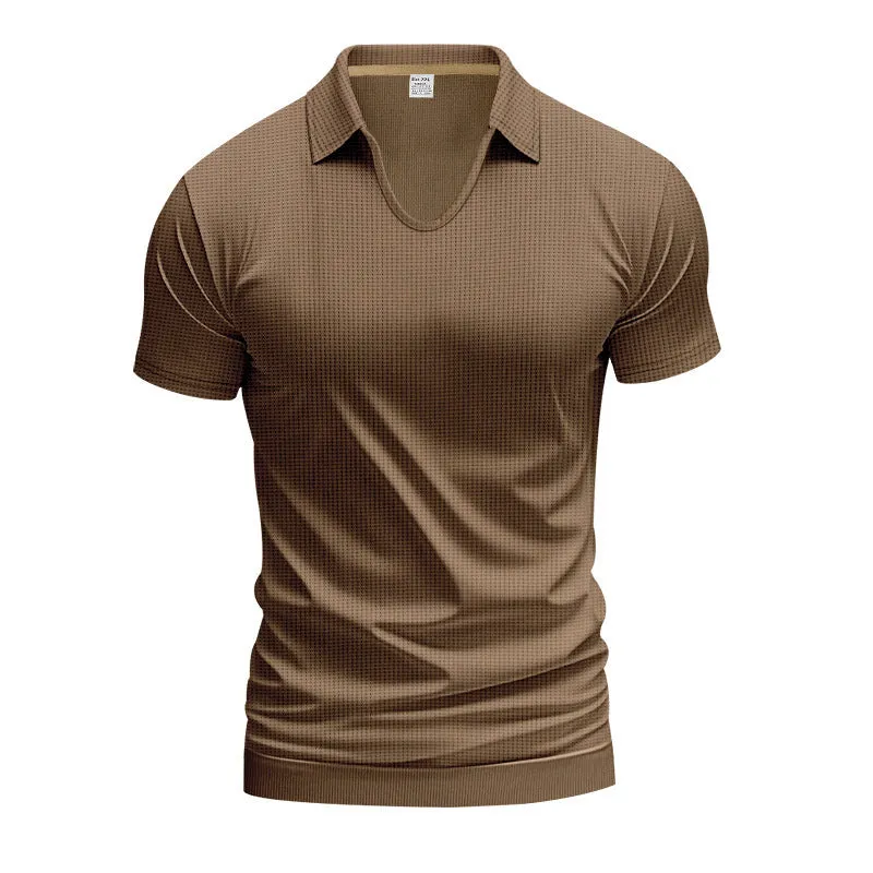 Men's loose fit solid colour V-neck short sleeve t-shirt on a hanger.