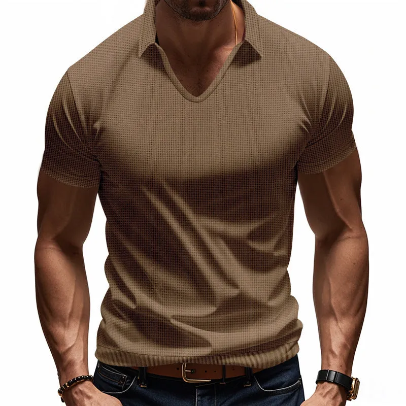 Men's loose fit solid colour V-neck short sleeve t-shirt on a hanger.
