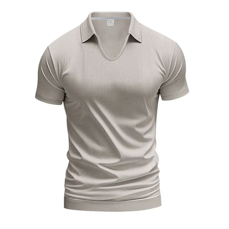 Men's loose fit solid colour V-neck short sleeve t-shirt on a hanger.