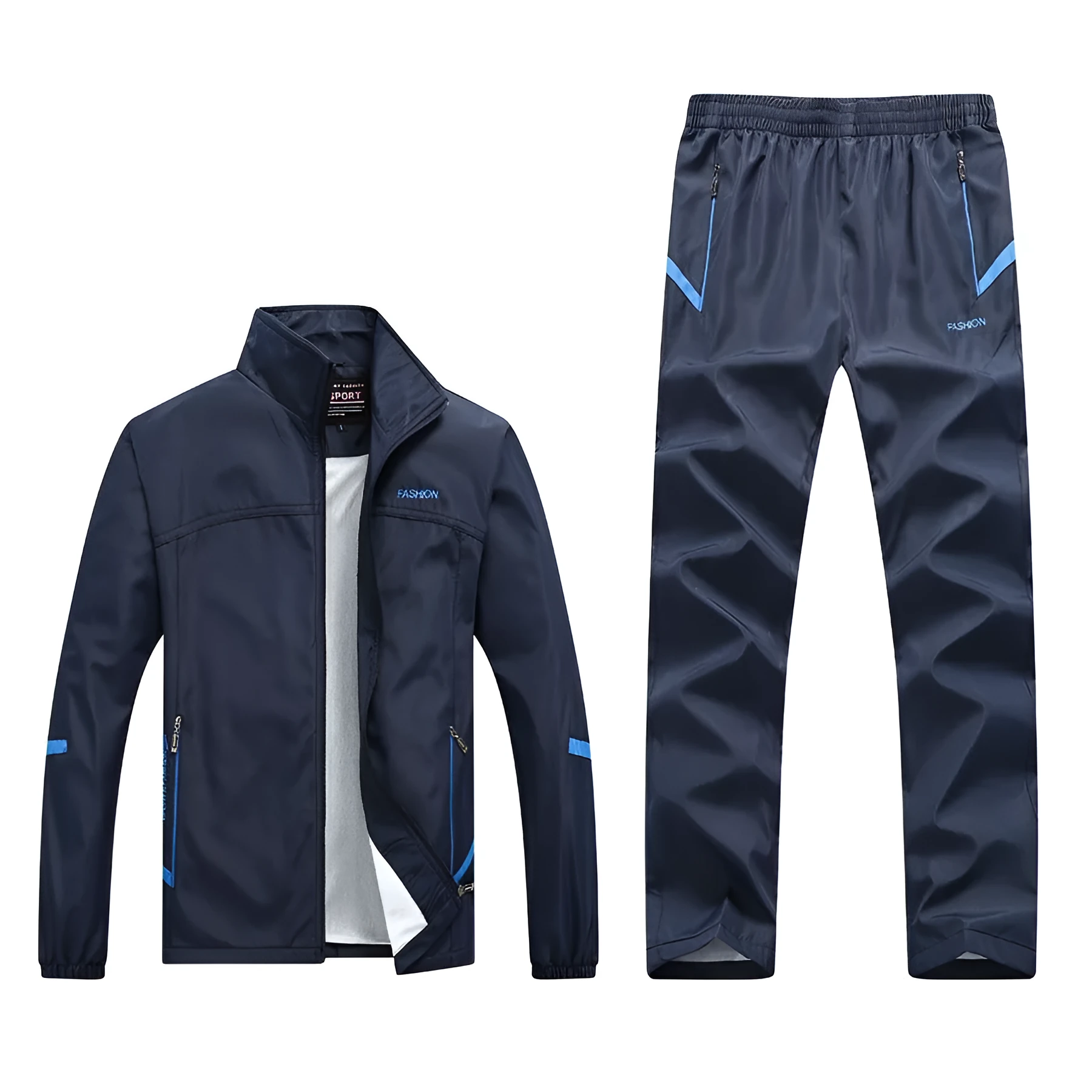 Men's long-sleeved casual sports suit in black, polyester and cotton blend, lapel collar, sizes L to 4XL