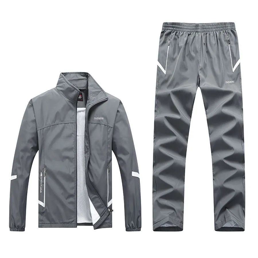Men's long-sleeved casual sports suit in black, polyester and cotton blend, lapel collar, sizes L to 4XL