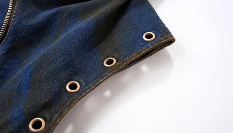 Blue hooded denim vest coat with matching trousers set on mannequin