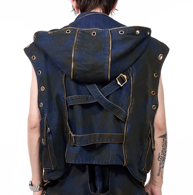 Blue hooded denim vest coat with matching trousers set on mannequin