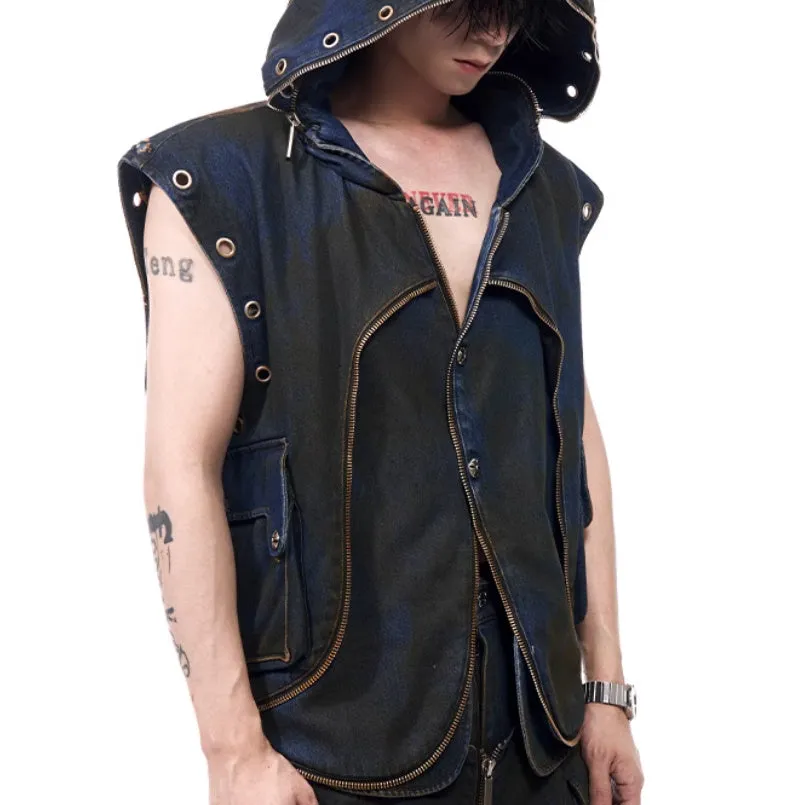 Blue hooded denim vest coat with matching trousers set on mannequin