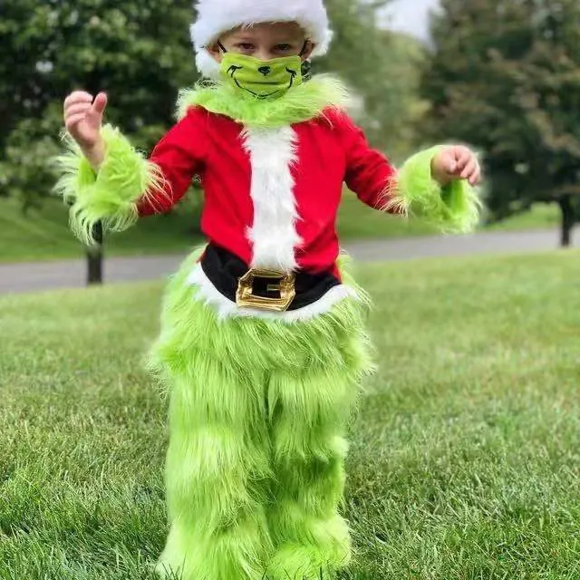 Children's green cotton Halloween party costume with top and pants for stage wear