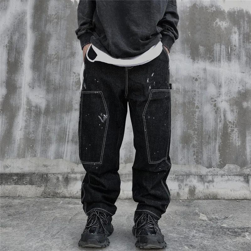 Men's washed distressed straight loose fit mid-waist jeans in black and blue available in sizes M to XXL