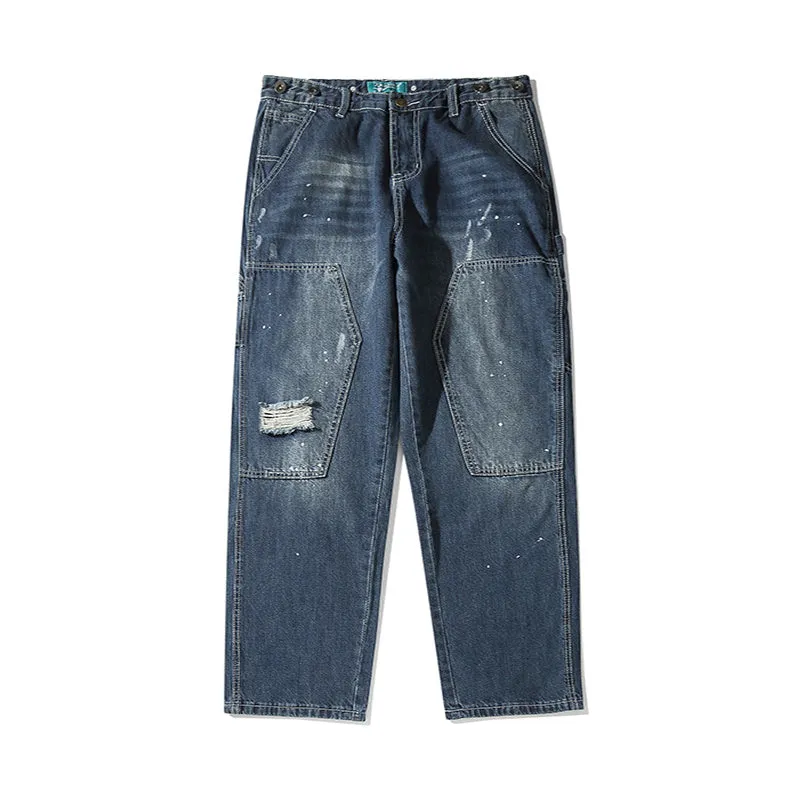 Men's washed distressed straight loose fit mid-waist jeans in black and blue available in sizes M to XXL