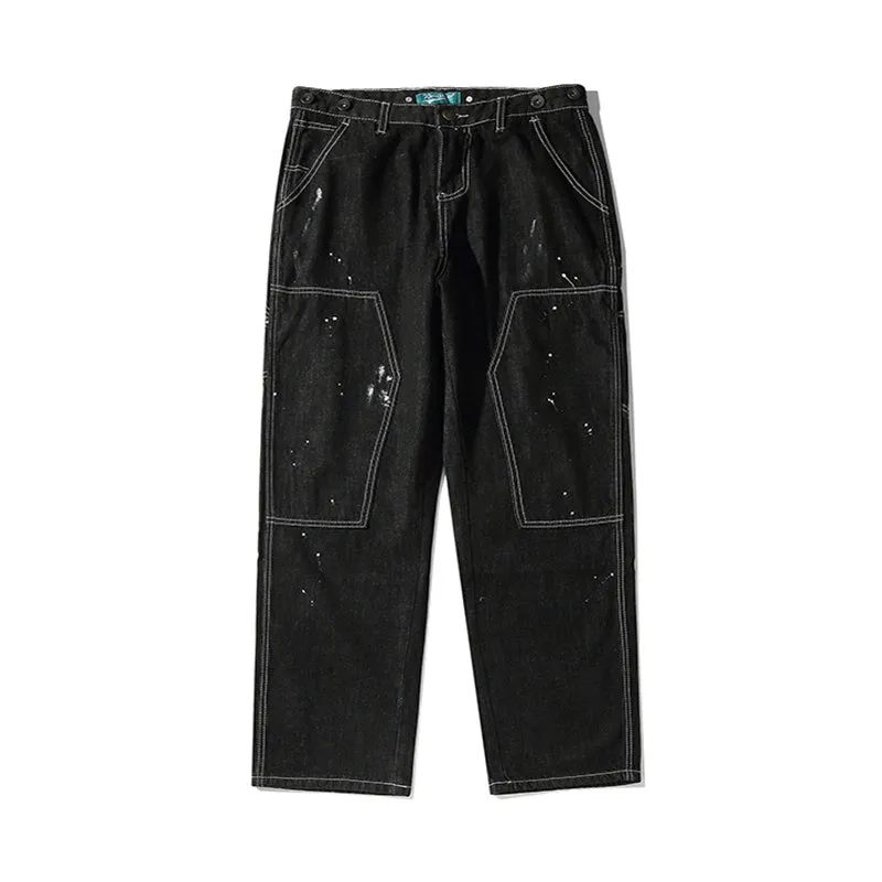 Men's washed distressed straight loose fit mid-waist jeans in black and blue available in sizes M to XXL
