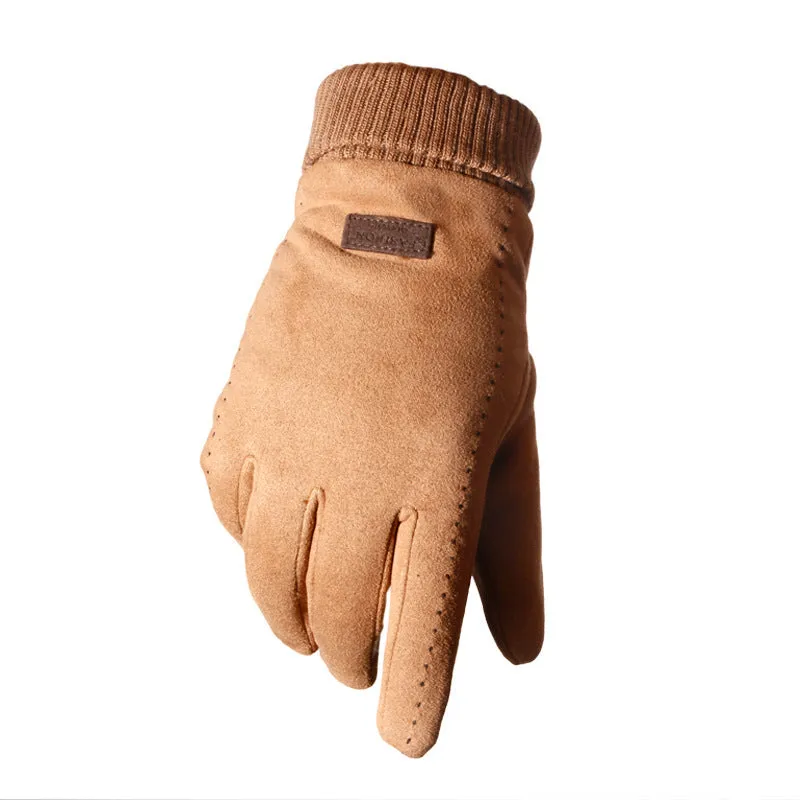 Suede gloves for couples in coffee colour, elastic fabric with velvet feel, unisex size M for cycling and driving