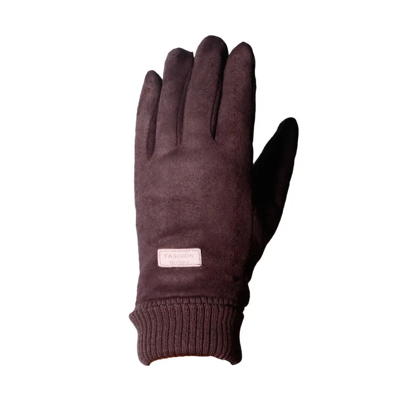 Suede gloves for couples in coffee colour, elastic fabric with velvet feel, unisex size M for cycling and driving